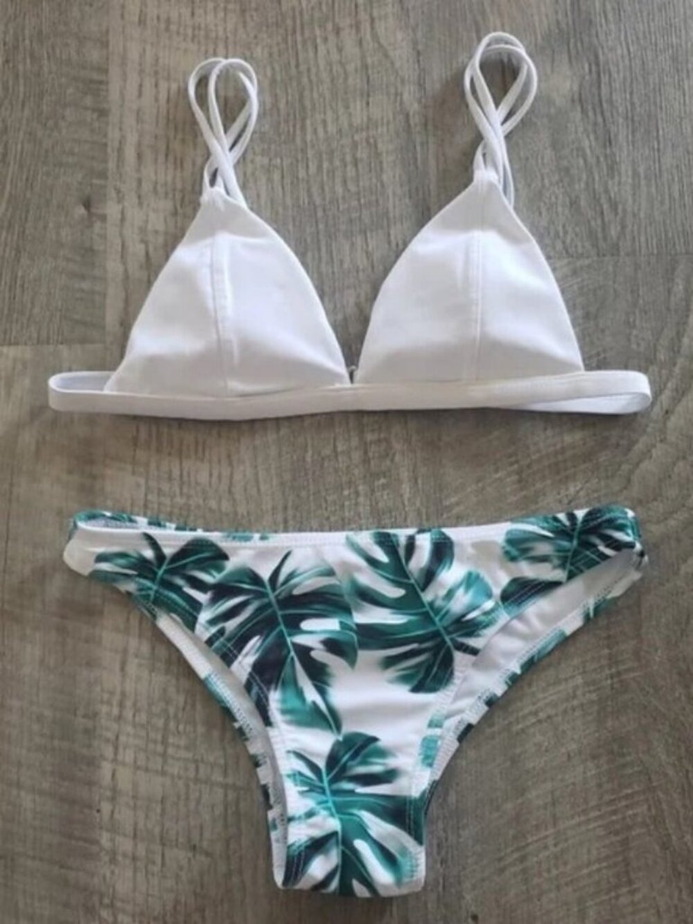 Zaful White and Green Leaf Bikini Swim Set.